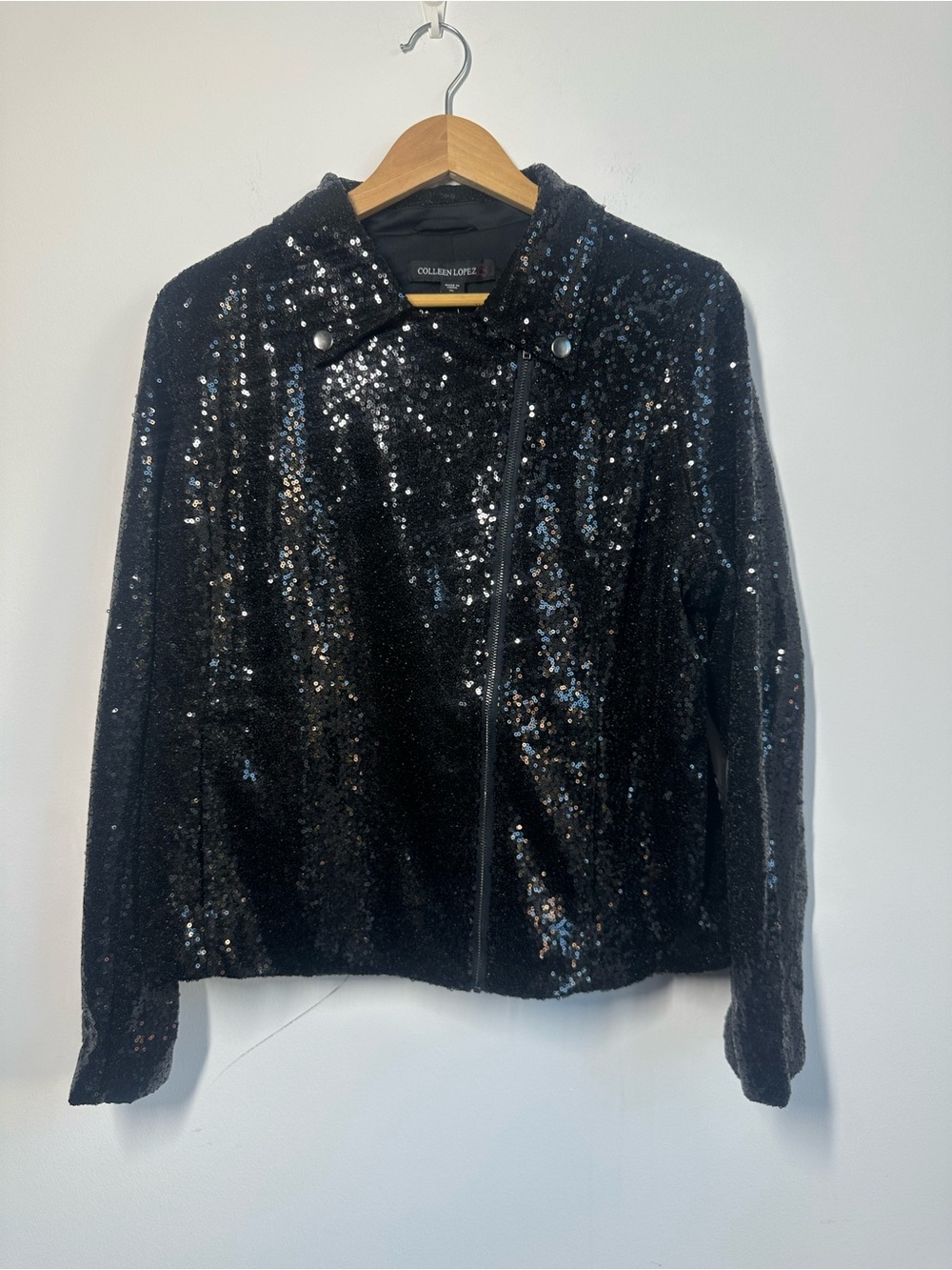 Colleen Lopez Luxe Black Sequin Moto Jacket Sparkle Size XL, NWT
